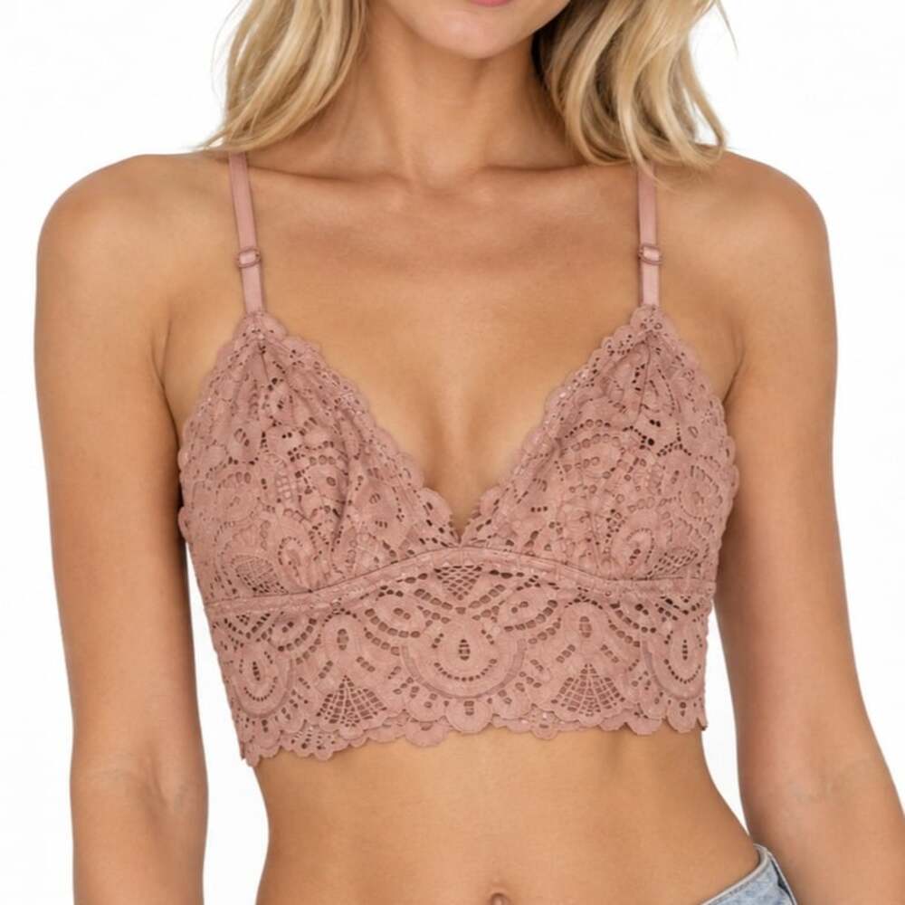 SO Dusty Rose Floral Lace Longline Bralette Scalloped Crop Bra Top